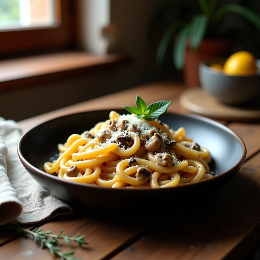 Plato hondo de cerámica oscura con crema de pasta ahumada y hongos porcini, espolvoreada con queso parmesano y hojas de tomillo fresco, receta gourmet.