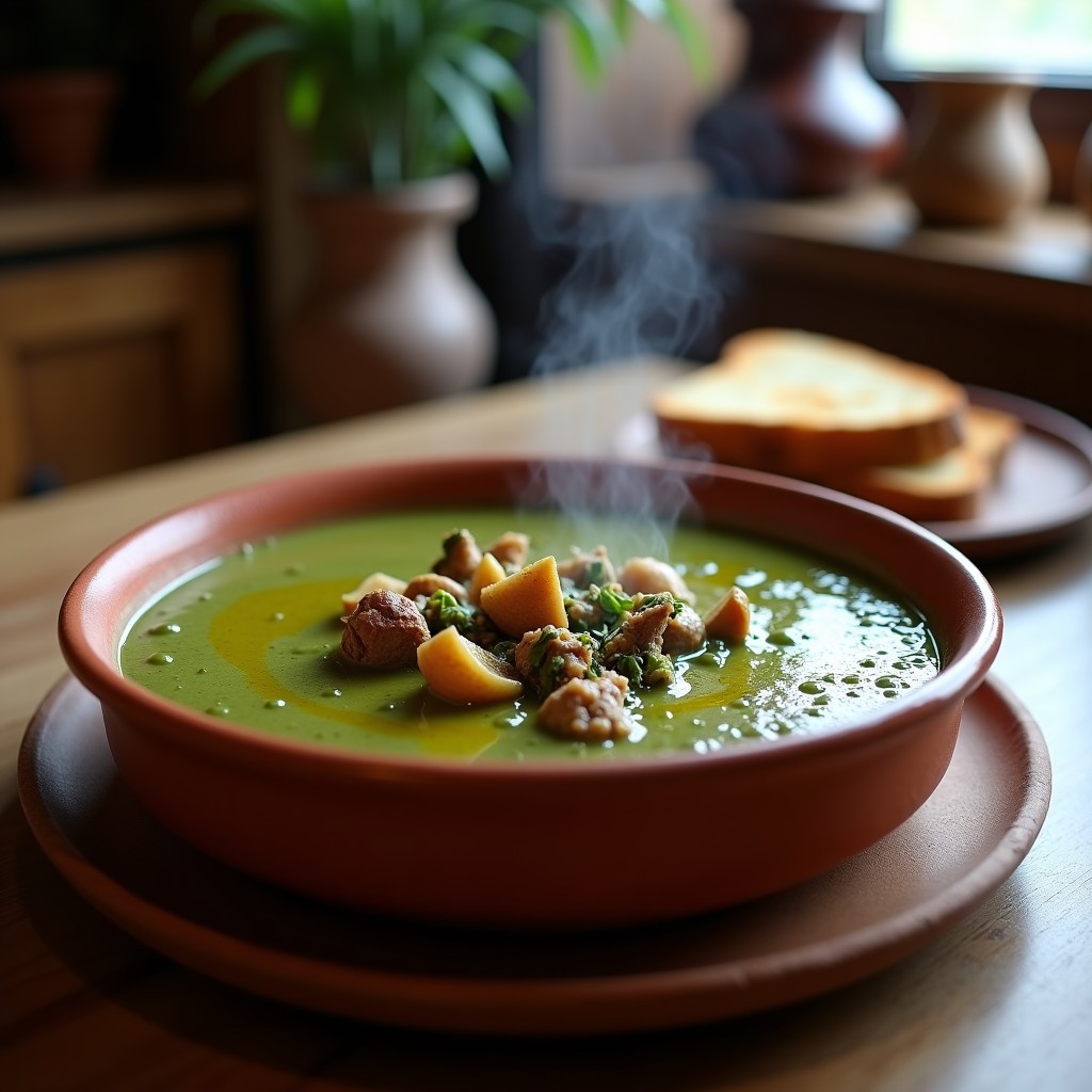 Cazuela de barro humeante con crema de pasto ahumado gallega, textura sedosa y color verde oscuro, decorada con trocitos de costilla de cerdo y un hilo de aceite de oliva, servida con pan rústico tostado.