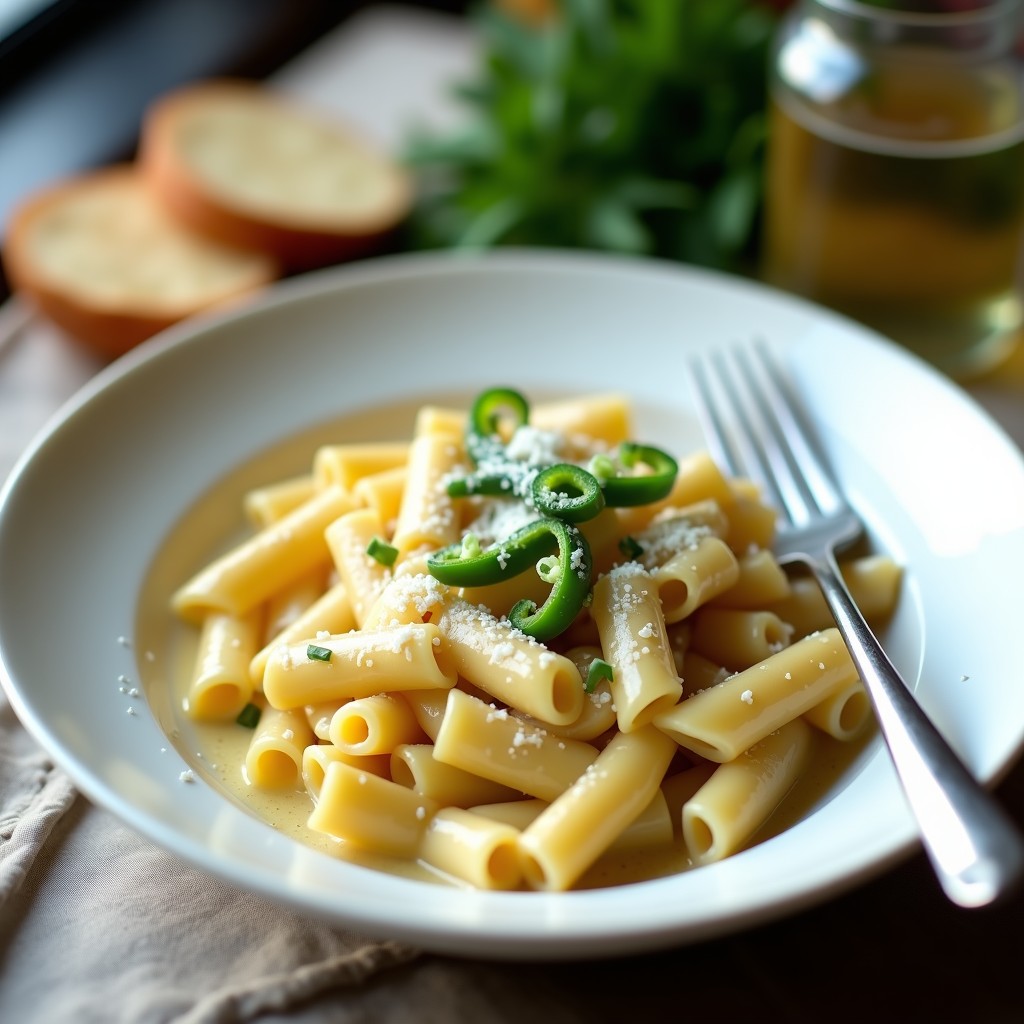 Plato hondo blanco con crema de pasta con ajíes criollos, tiras de ajíes verdes y queso parmesano espolvoreado, receta venezolana tradicional.