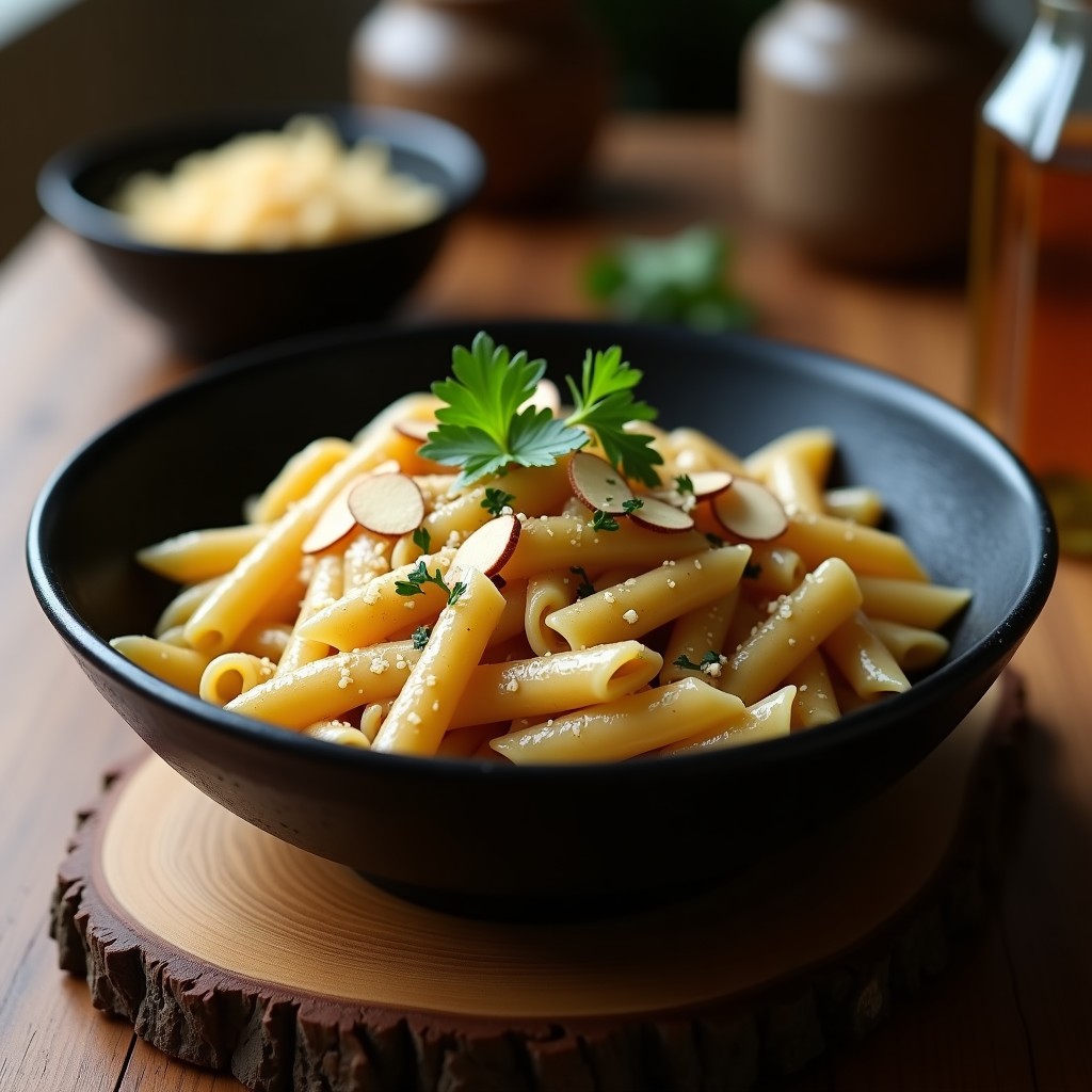 Plato hondo de cerámica negra con crema de pasta corta integral bañada en salsa oscura y brillante de ajo negro, decorada con perejil fresco y virutas de almendra. Textura sedosa y umami intenso, servida en tabla de madera rústica.