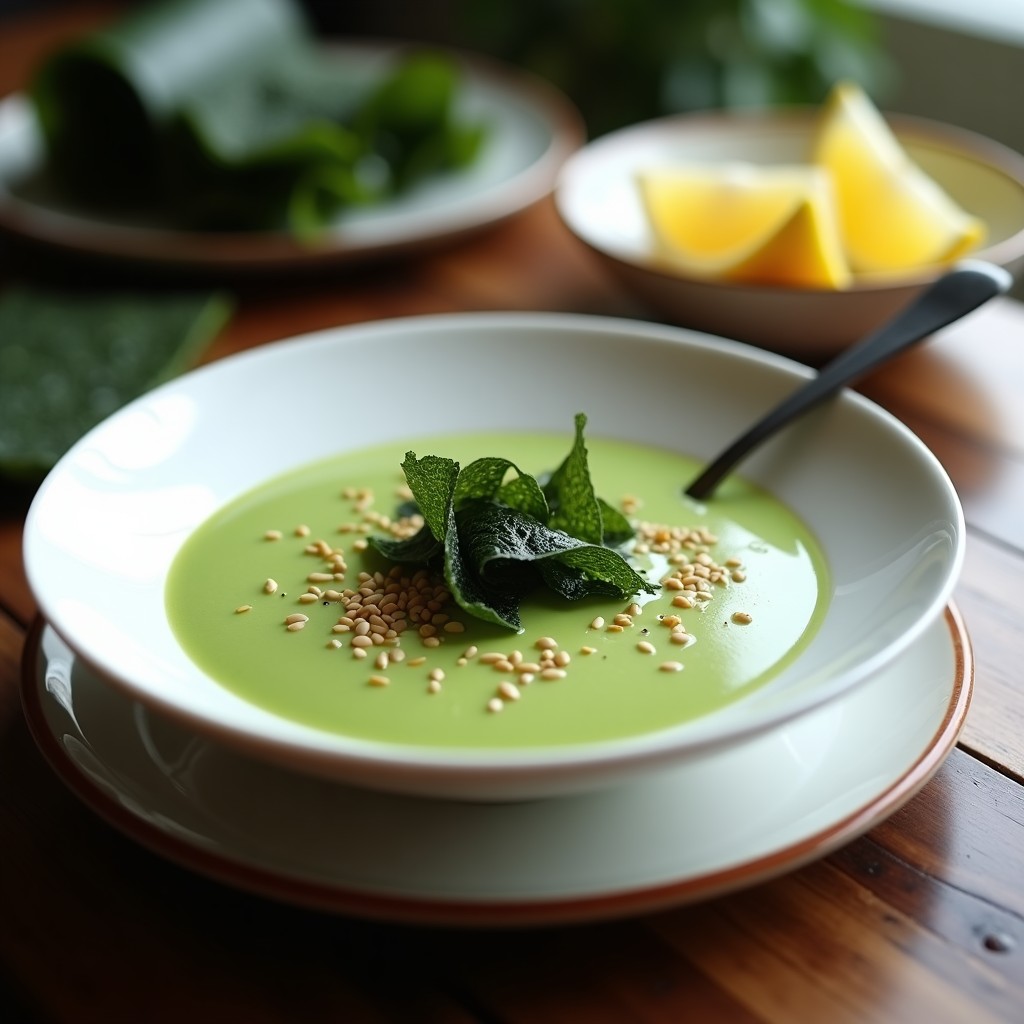 Bol de cerámica blanca con crema de pasto verde intenso, decorada con tiras de algas nori tostadas y semillas de sésamo, receta thermomix alta en proteína.