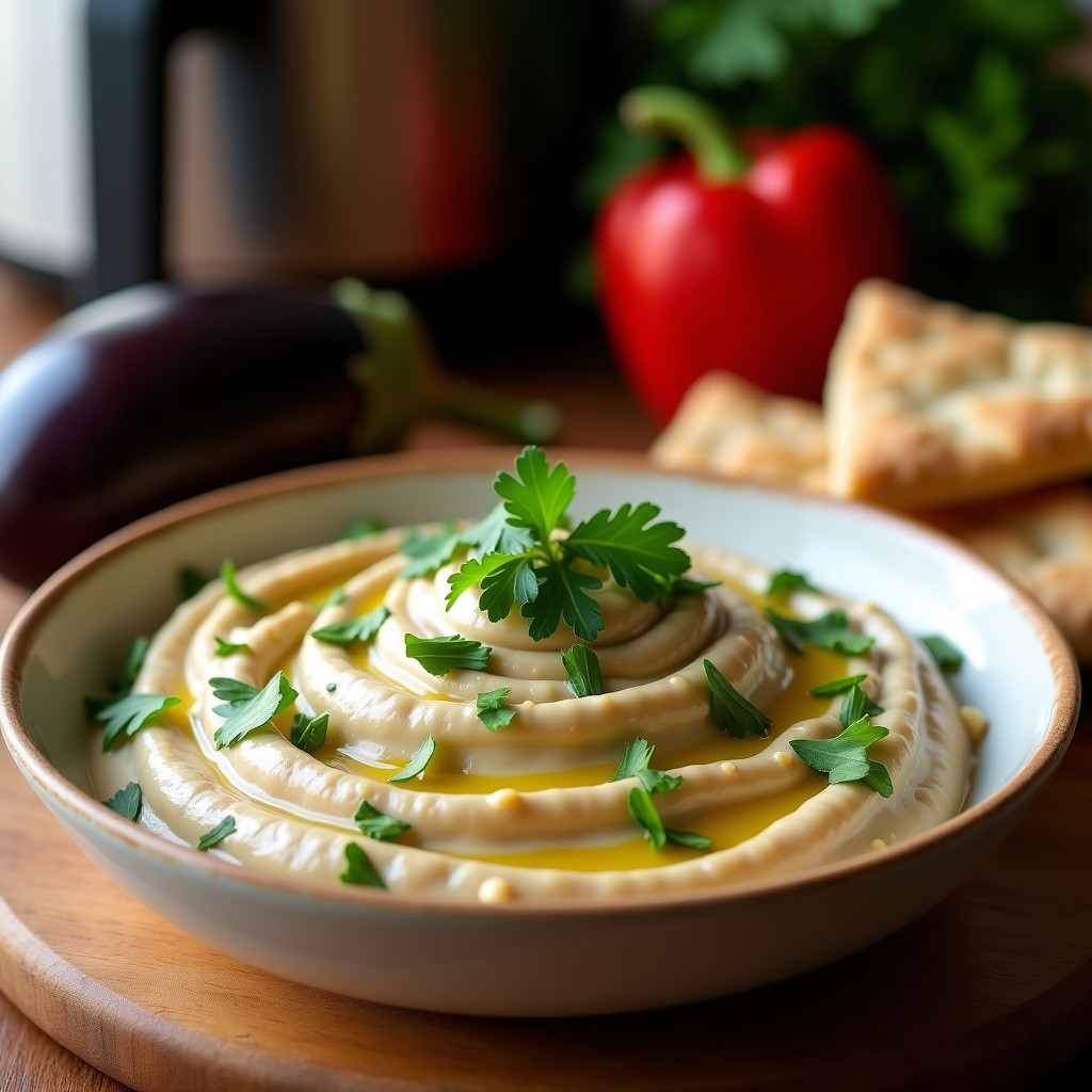 Cuenco de cerámica blanca con crema de pasto de berenjena ahumada, decorada con perejil fresco y aceite de oliva, acompañada de pan de pita tostado, receta en airfryer.