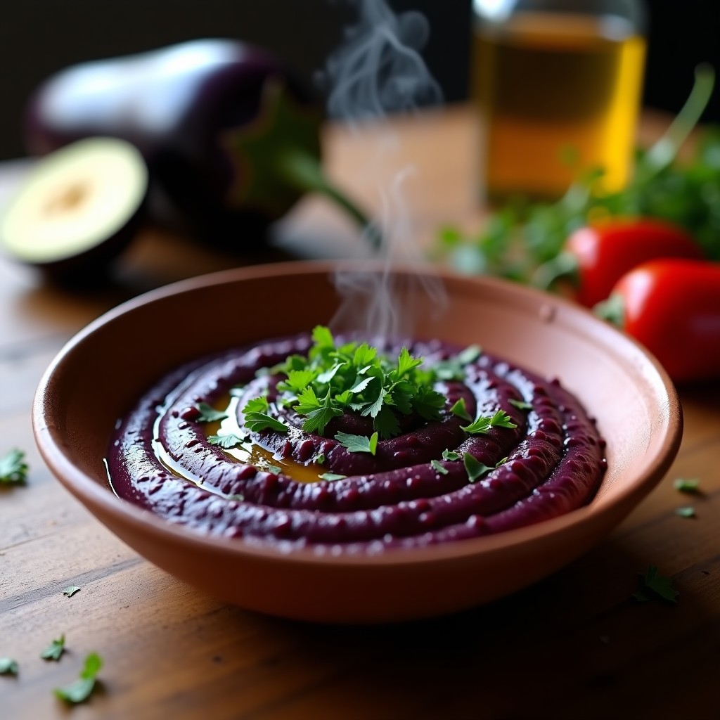 Cuenco de barro humeante con crema de berenjena ahumada vegana, decorada con perejil fresco y un hilo de aceite de oliva, sobre fondo rústico de madera.
