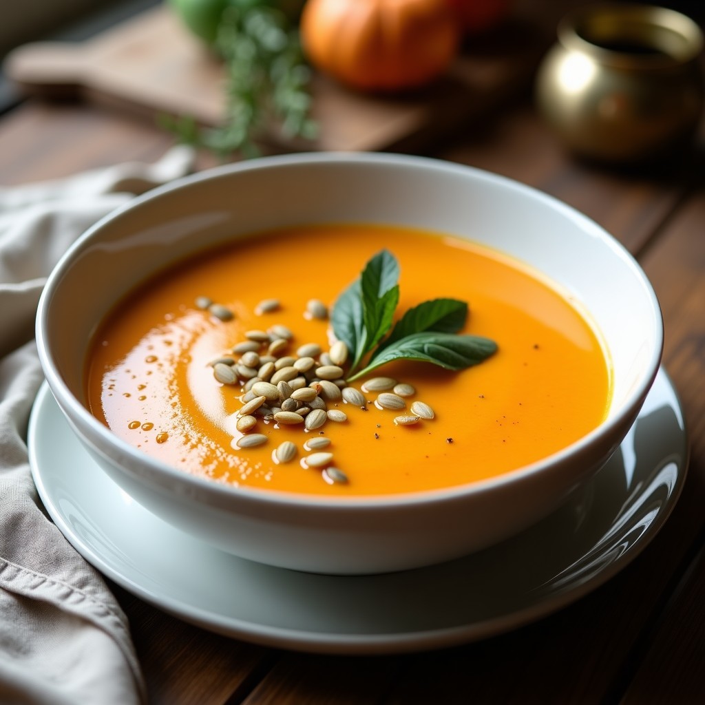 Cuenco blanco con crema de espinacas y batata al airfryer, textura aterciopelada, decorada con semillas de calabaza tostadas y un hilo de aceite de oliva, sobre fondo rústico de madera.