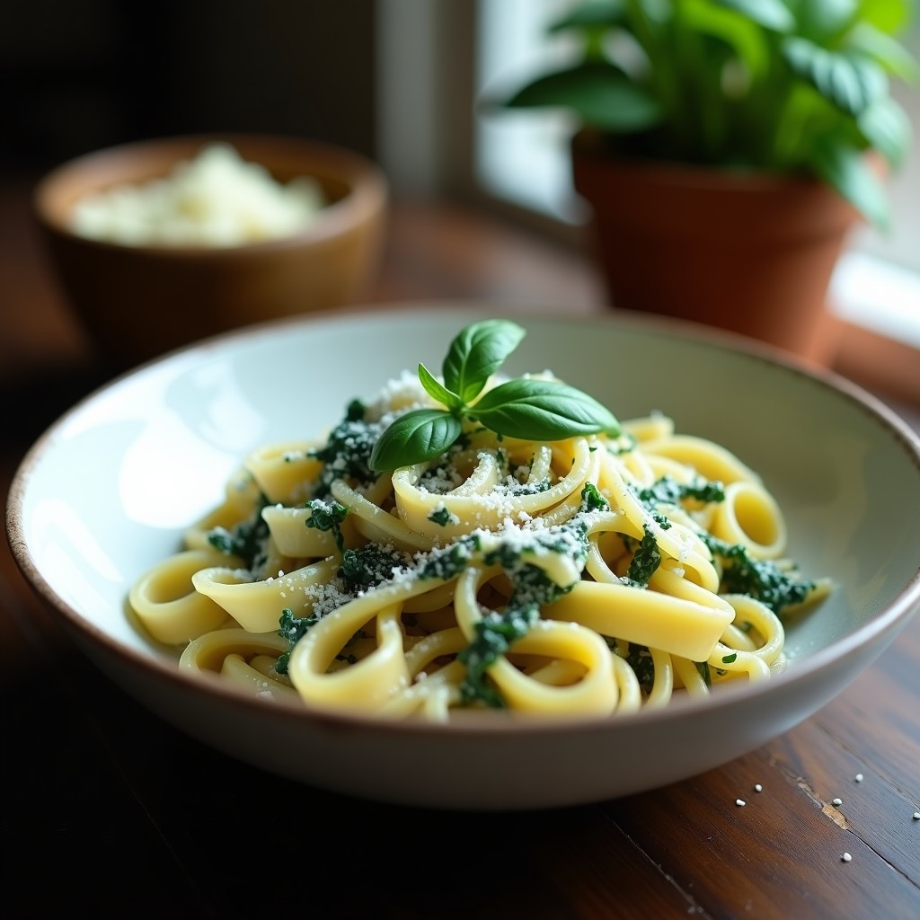 Plato hondo blanco con crema de pasta reservas bañada en salsa verde de espinacas y trozos de gorgonzola derretido, espolvoreado con parmesano rallado y decorado con hojas de espinaca fresca.