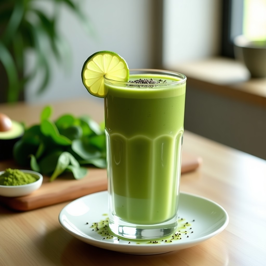 Vaso alto de cristal con crema de pasto verde espesa, de color verde intenso, decorada con semillas de chía y una rodaja de limón al borde. Fondo con hojas de espinacas y aguacate en trozos sobre una tabla de madera rústica.