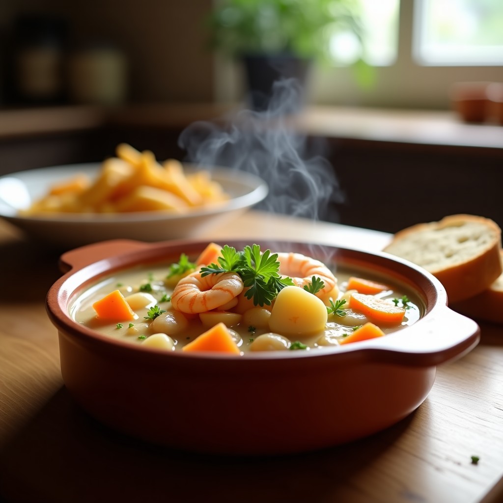 Cazuela de barro humeante con crema de pastón y gambas, espolvoreada con perejil fresco y acompañada de pan tostado, receta española rápida y nutritiva.