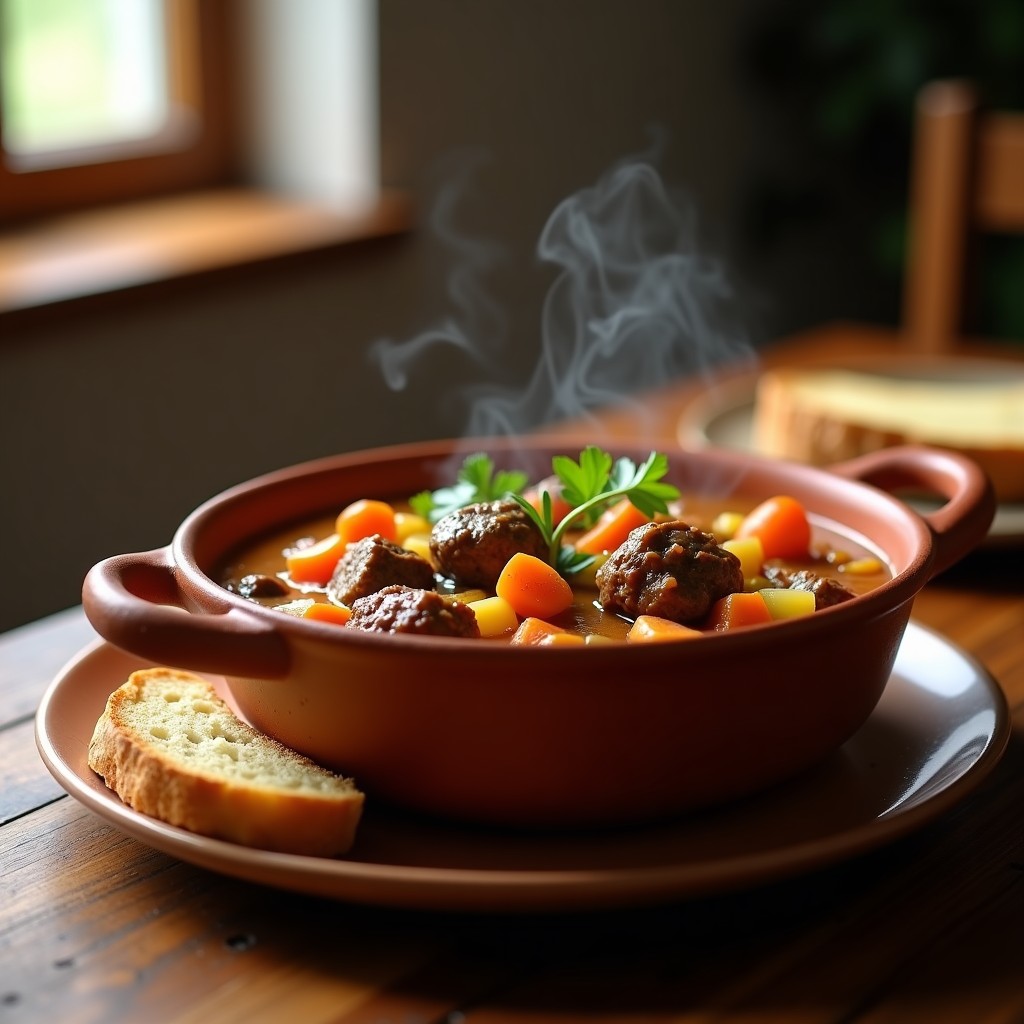 Cazuela de barro humeante con crema de pastor y cordero, trozos de patata, zanahoria y puerro, espolvoreada con perejil fresco. Receta tradicional en ollas superpuestas.