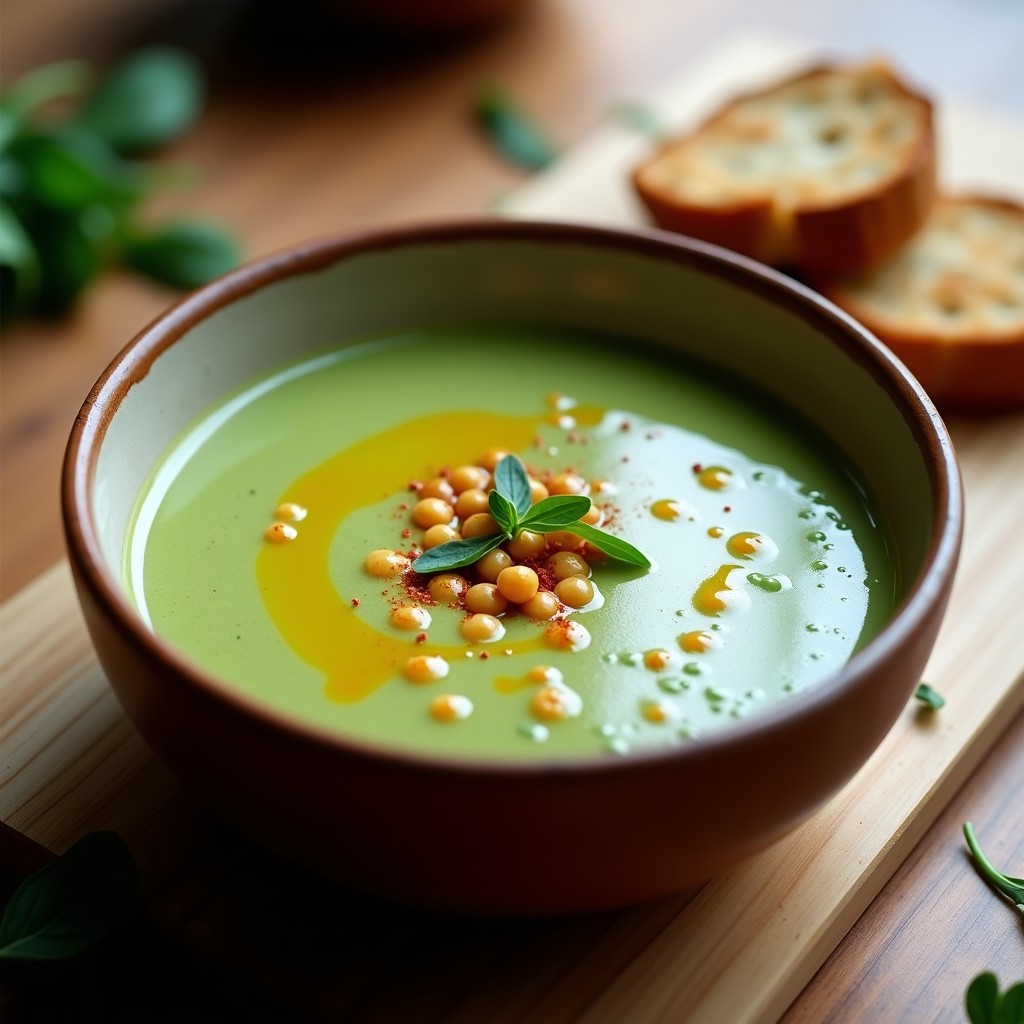 Bol de crema pastor iluminada vegana, de color verde intenso con toques dorados, decorada con hilo de aceite de oliva y pimentón ahumado, acompañada de pan integral tostado.