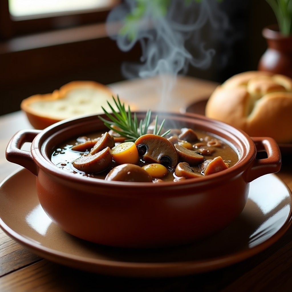 Cazuela de barro humeante con crema de pastor espesa, trozos de ternera y setas, decorada con romero fresco y un hilo de aceite de oliva virgen extra.