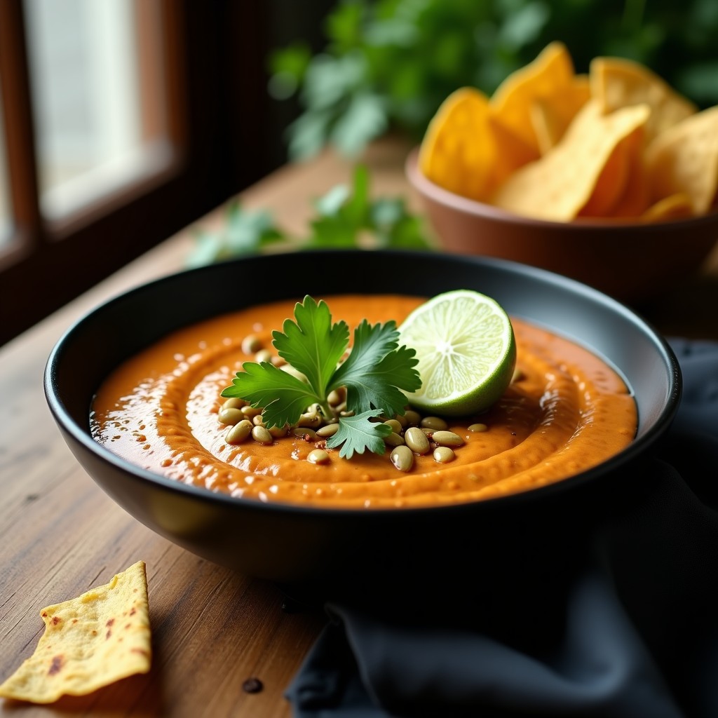 Bol de cerámica negra con crema pastor vegana espesa, decorada con cilantro fresco, semillas de calabaza y rodajas de limón, servida en mesa rústica de madera.