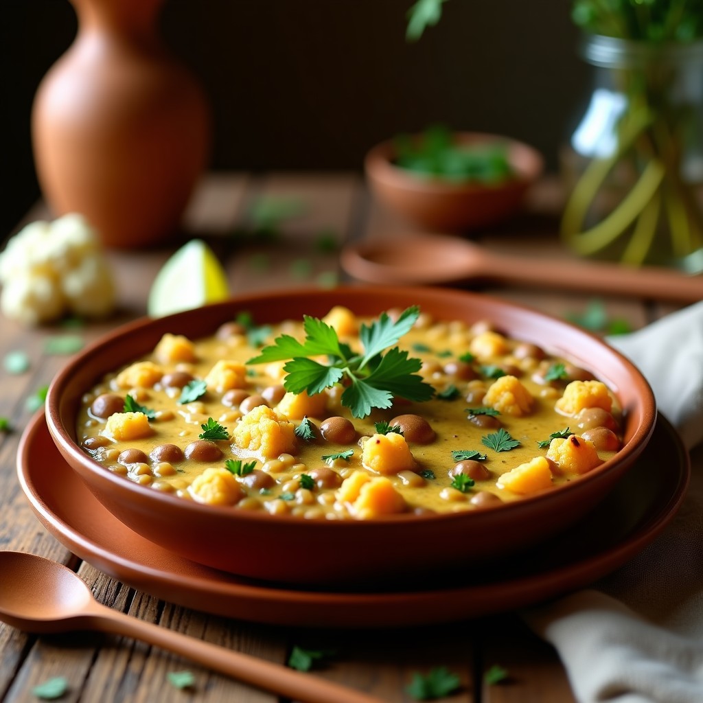 Bowl de crema de pastor vegana con coliflor, espolvoreada con cilantro fresco y acompañada de rodajas de limón, sobre una mesa rústica de madera.