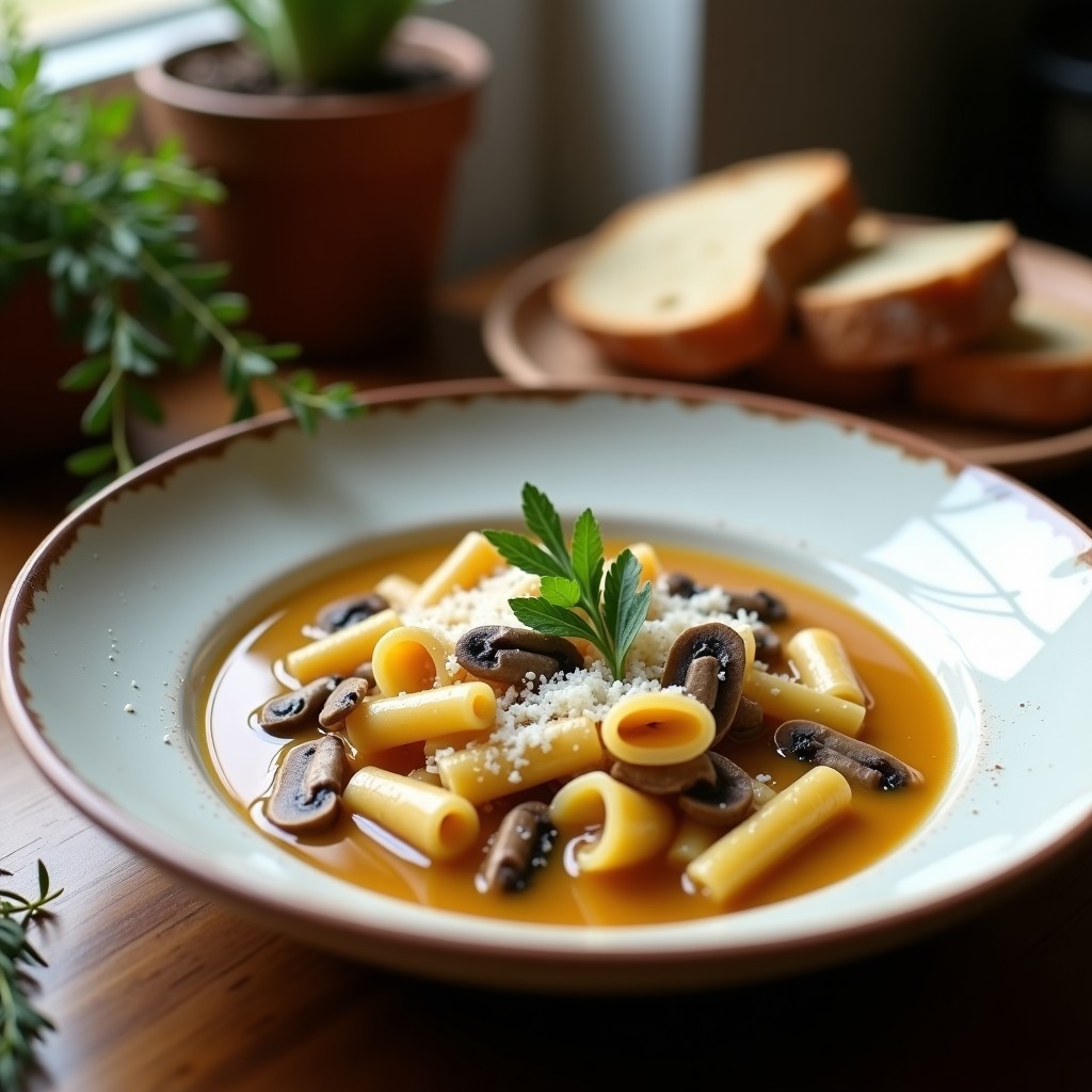 Plato hondo blanco con crema de pastore y hongos silvestres, espolvoreada con queso parmesano y perejil fresco, receta thermomix.