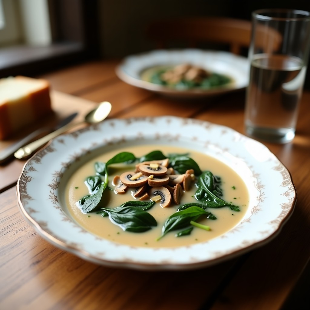 Cuenco blanco con crema de pastoreo de color verde claro, espinacas y hongos trufados, decorada con almendras fileteadas y un hilo de aceite de trufa negra, sobre fondo rústico de madera.