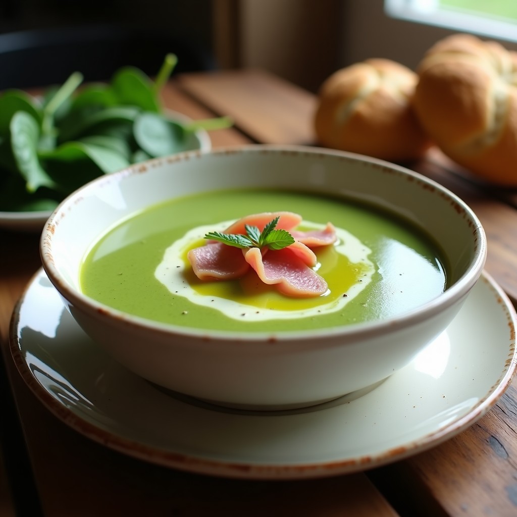 Cuenco blanco con crema de espinacas pastoreo espesa, decorada con virutas de jamón serrano y un hilo de aceite de oliva virgen extra, sobre fondo rústico de madera.