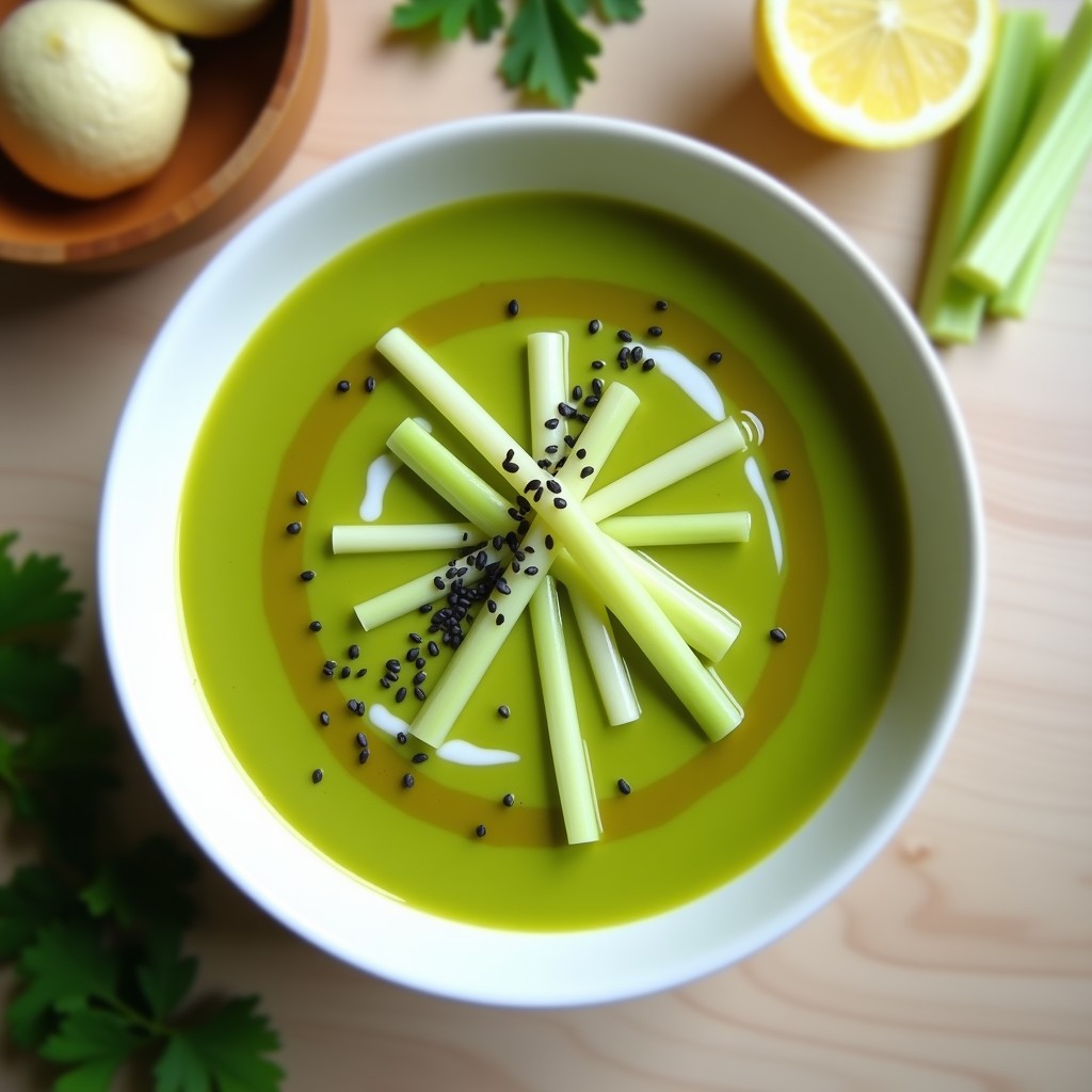 Cuenco blanco con crema de pepino y aguacate de color verde pálido, decorada con crudités de apio en ramitas, cilantro picado y un hilo de aceite de oliva. Plato fresco y keto, servido sobre una mesa de madera con fondo borroso.