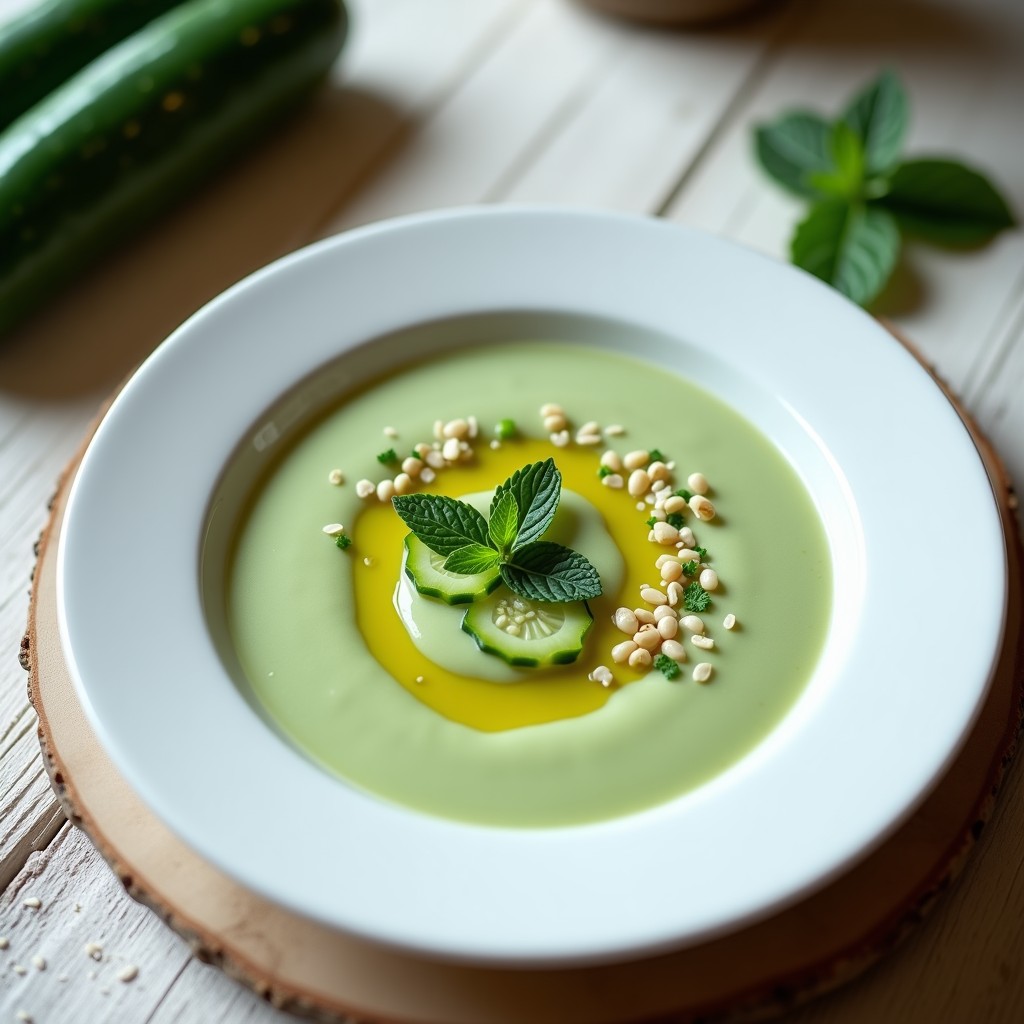 Crema fría de pepino y ajo negro vegana servida en cuenco de cerámica blanca, decorada con cubos de pepino fresco, hojas de menta, semillas de sésamo tostadas y un hilo de aceite de oliva virgen extra, sobre fondo rústico de madera clara.