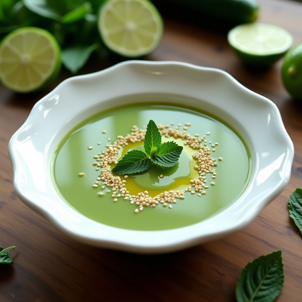 Cuenco blanco con crema fría de pepino espinaca y menta, de color verde vibrante, decorada con semillas de sésamo tostado, hojas de menta fresca y un hilo de aceite de oliva. En segundo plano, rodajas de limón y pepino sobre una mesa de madera rústica con luz natural.