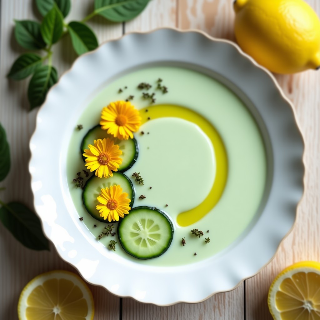 Cuenco de cerámica blanca con crema fría de pepino y kéfir, decorada con rodajas finas de pepino, flores de caléndula amarillas y un hilo de aceite de oliva virgen extra sobre fondo de madera clara con hierbas cítricas frescas al lado.