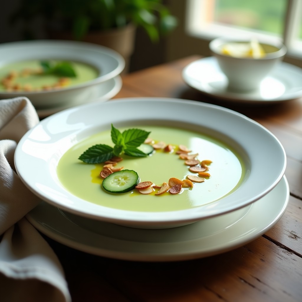 Cuenco blanco con crema fría de pepino y mentolado de color verde pálido, coronada con crujiente de almendras doradas con miel y pimentón. Fondo con rodajas de pepino y hojas de menta fresca. Plato refrescante y veraniego.