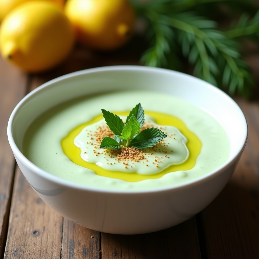Cuenco de cerámica blanca con crema fría de pepino y yogur de soja griega sin lactosa, decorado con hojas de hierbabuena, un hilo de aceite de oliva virgen extra y una pizca de comino espolvoreado. Fondo con textura rústica de madera y limones de Corfú al lado.