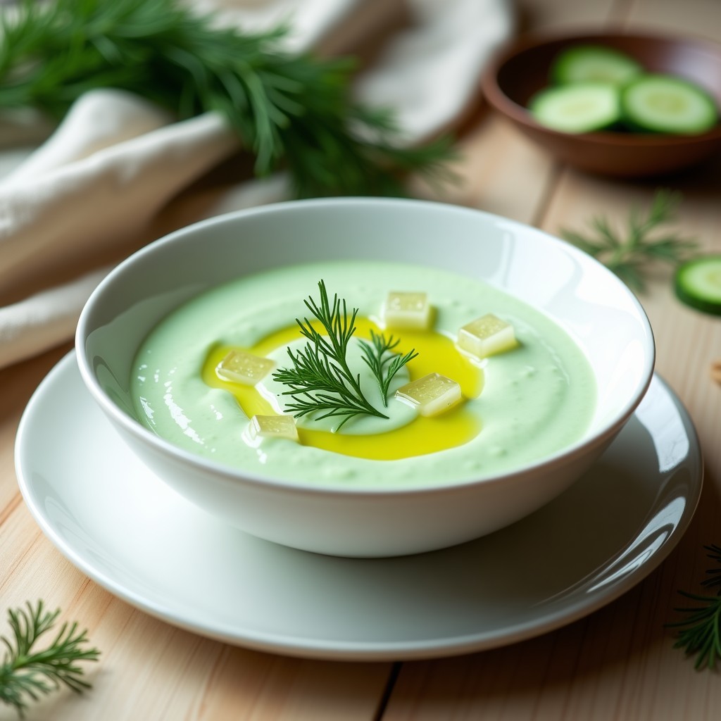 Cuenco de porcelana blanca con crema fría de pepino y yogur de soya con eneldo, decorada con hojas de eneldo fresco y un hilo de aceite de oliva virgen extra, sobre fondo de madera clara con cubitos de hielo y rodajas de pepino. Receta vegana y refrescante en Thermomix.