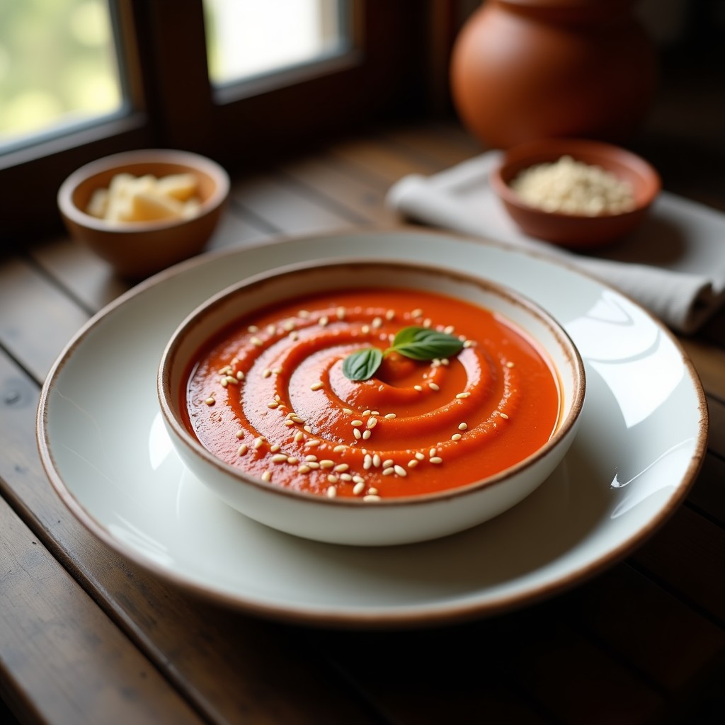 Cuenco blanco con crema de pimiento choricero humeante, decorada con aceite de oliva virgen extra y semillas de sésamo tostadas, sobre fondo rústico de madera.