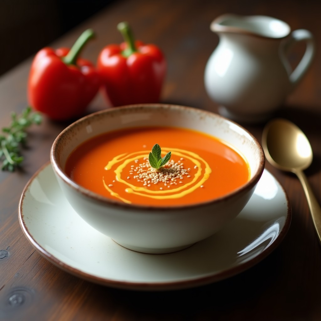 Cuenco de cerámica blanca con crema de pimientos asados ahumados, decorada con un hilo de aceite de oliva y semillas de sésamo tostadas, sobre fondo rústico de madera.