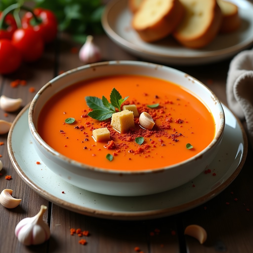 Cuenco blanco con crema de pimientos asados y ajo negro, decorada con picatostes de pan de centeno, hilo de aceite de oliva y pimentón dulce, sobre fondo rústico de madera.