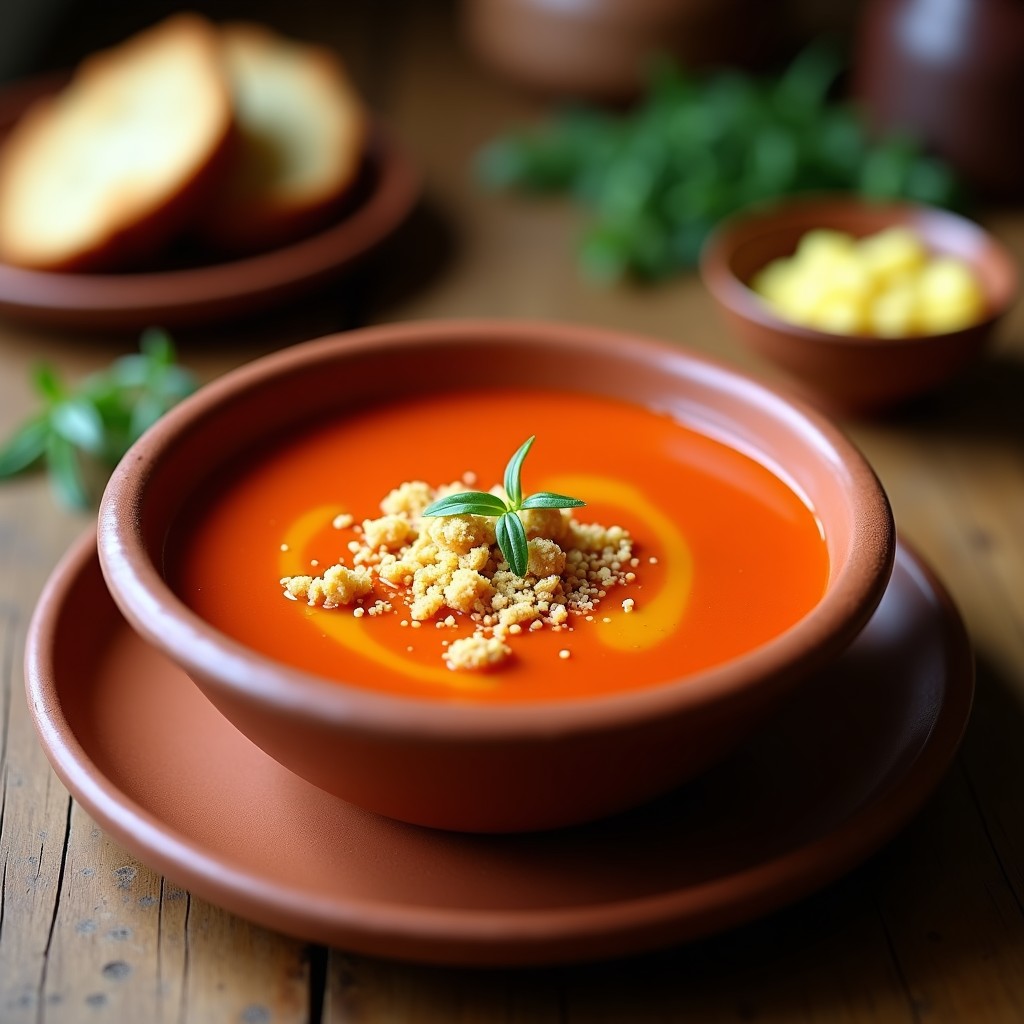 Crema de pimientos choriceros en cuenco de barro, con textura sedosa y color rojo intenso, decorada con hilo de aceite de oliva y migas de pan tostado.