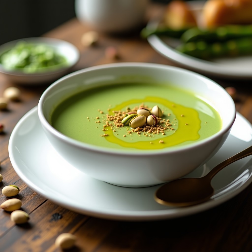 Bowl blanco con crema de pistacho y espárragos trigueros, textura sedosa, decorada con pistachos picados y hilo de aceite de oliva virgen extra, receta airfryer.