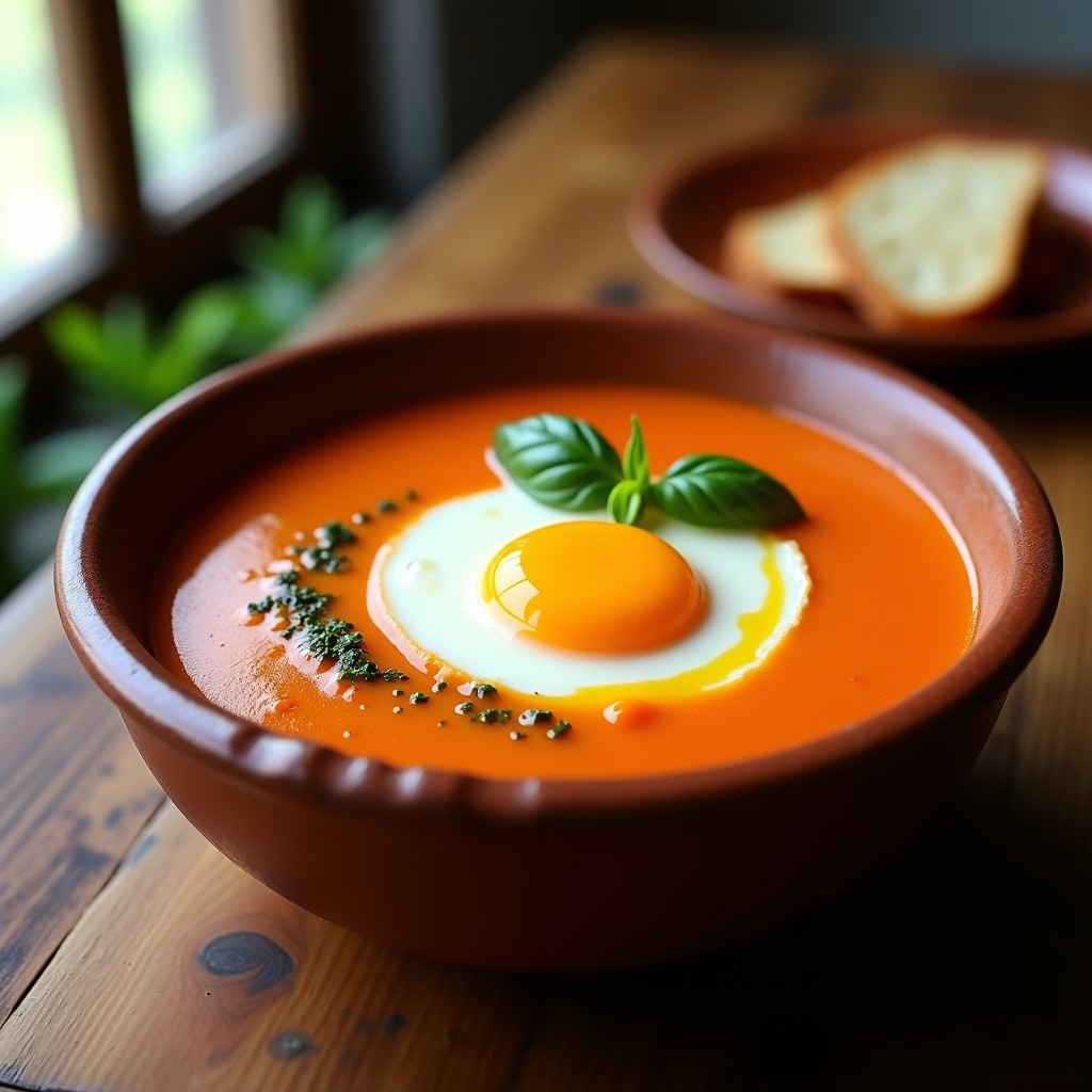 Cuenco de barro con crema de pisto manchego espesa, decorada con huevo escalfado, hilo de aceite de oliva y hojas de albahaca fresca, receta tradicional en airfryer.