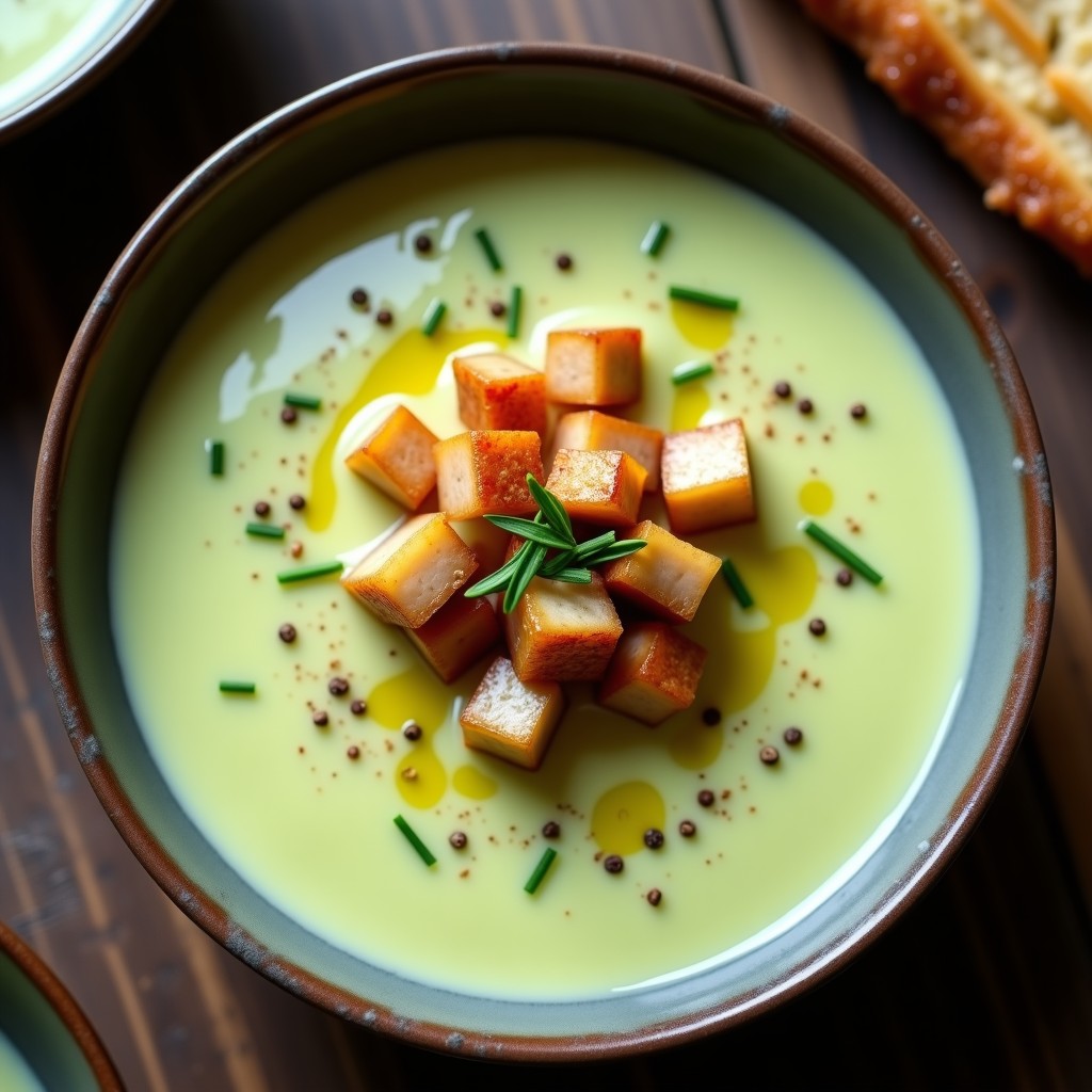 Crema de puerro y patata con panceta ahumada crujiente y cebollino fresco, receta cremosa y reconfortante