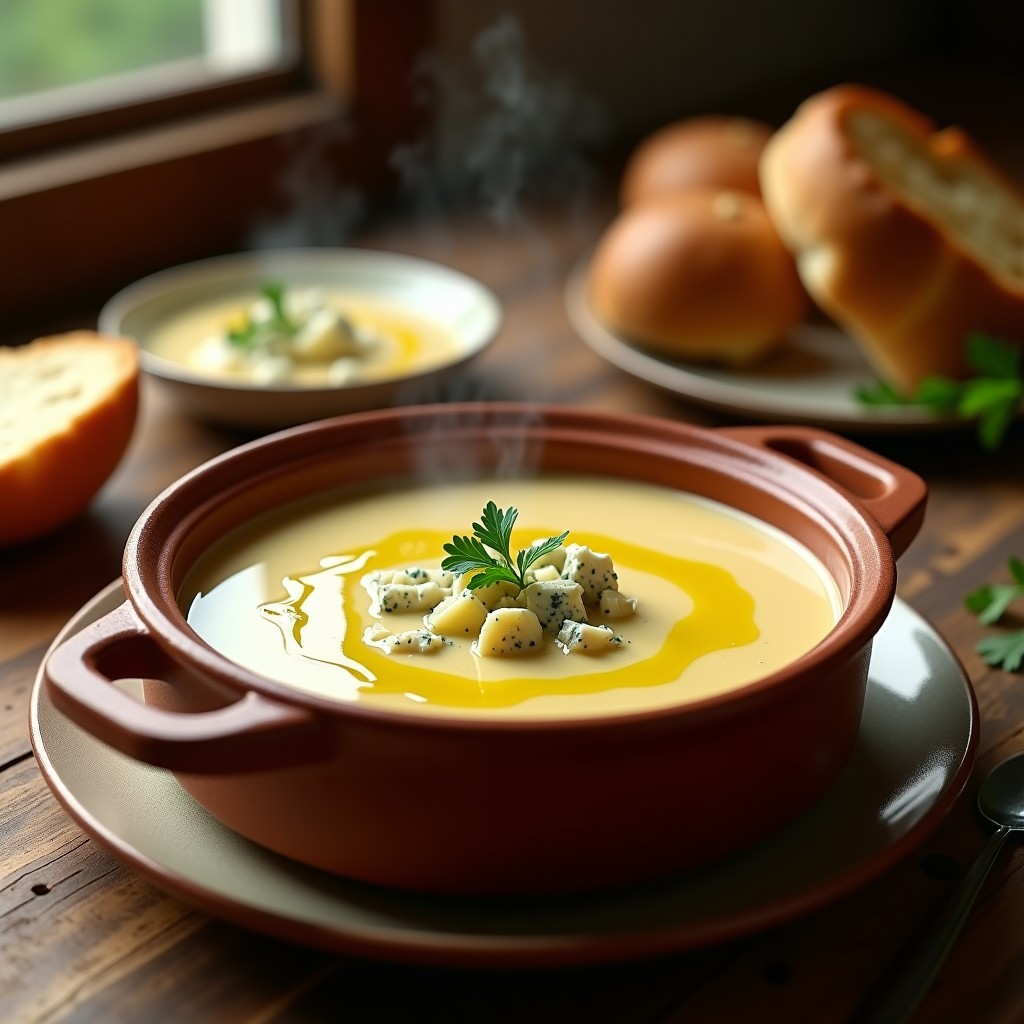 Cazuela de barro humeante con crema de puerro y patata de color beige, coronada con trozos de queso azul desmenuzado y un hilo de aceite de oliva. Acompañada de una rebanada de pan rústico y perejil fresco.