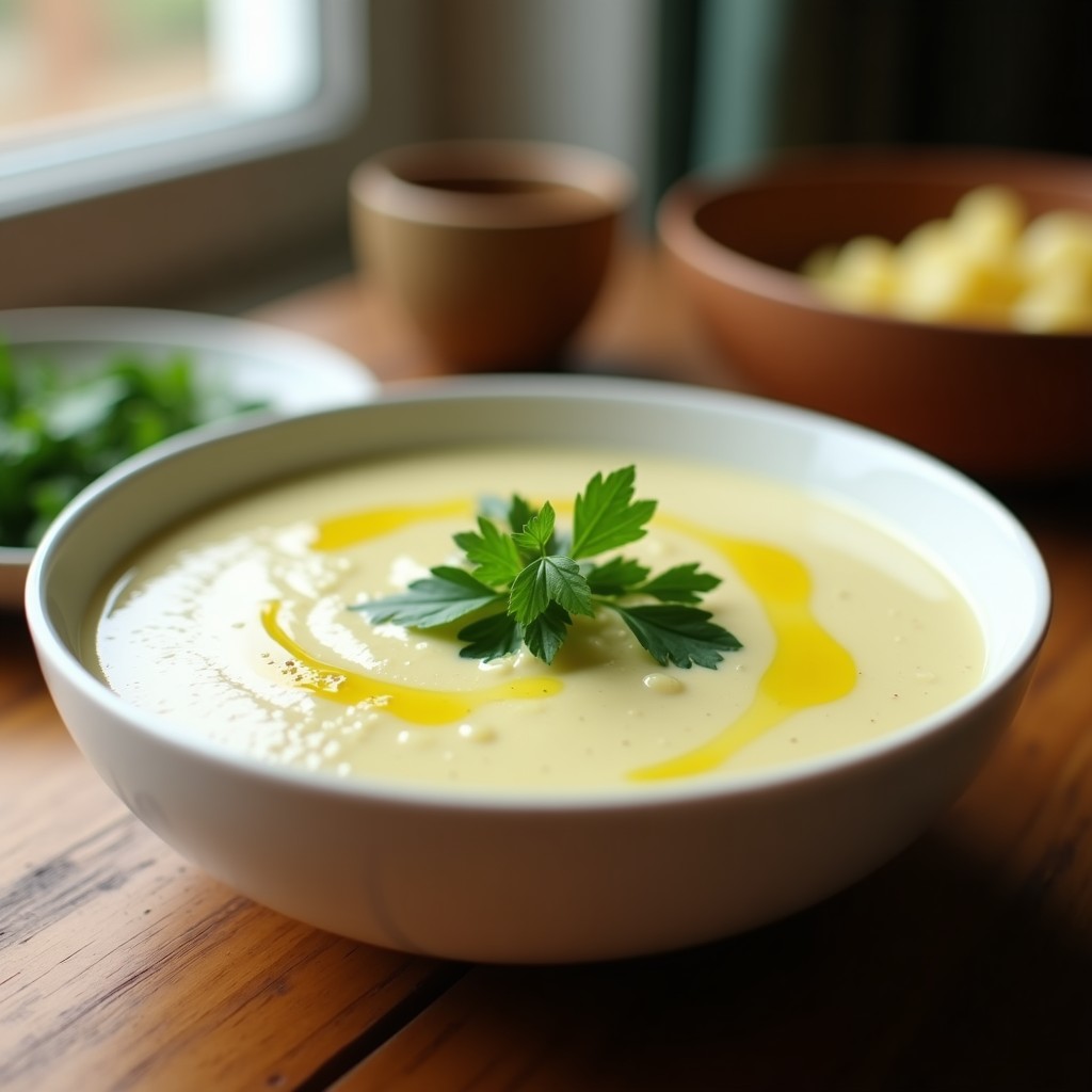 Cuenco blanco con crema de puerro y patata sin nata, decorada con perejil fresco y un hilo de aceite de oliva virgen extra, servida sobre una mesa de madera rústica.