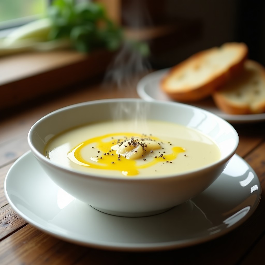 Cuenco blanco con crema de puerro y patata humeante, textura sedosa y color crema, decorada con un hilo de aceite de oliva y pimienta negra, servida con pan tostado al lado.