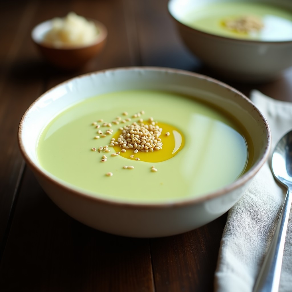Cuenco blanco con crema de puerro y patata humeante, decorada con un hilo de aceite de oliva y pimienta negra, servida en Thermomix sin lactosa.