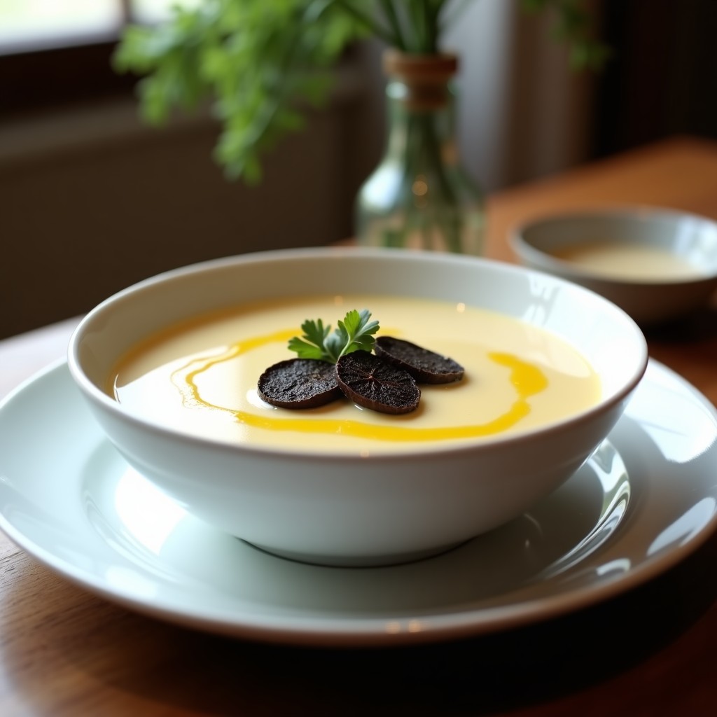 Cuenco blanco con crema de puerro y patata de color beige claro, decorada con láminas de trufa negra y un hilo de aceite de trufa, sobre fondo rústico de madera.