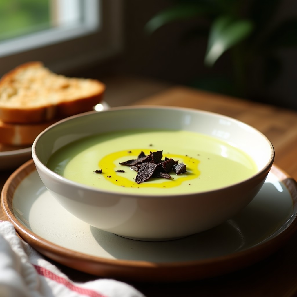 Cuenco blanco con crema de puerro y patata de textura sedosa, coronada con un hilo de aceite de trufa negra y virutas de trufa, servida con pan tostado al lado.