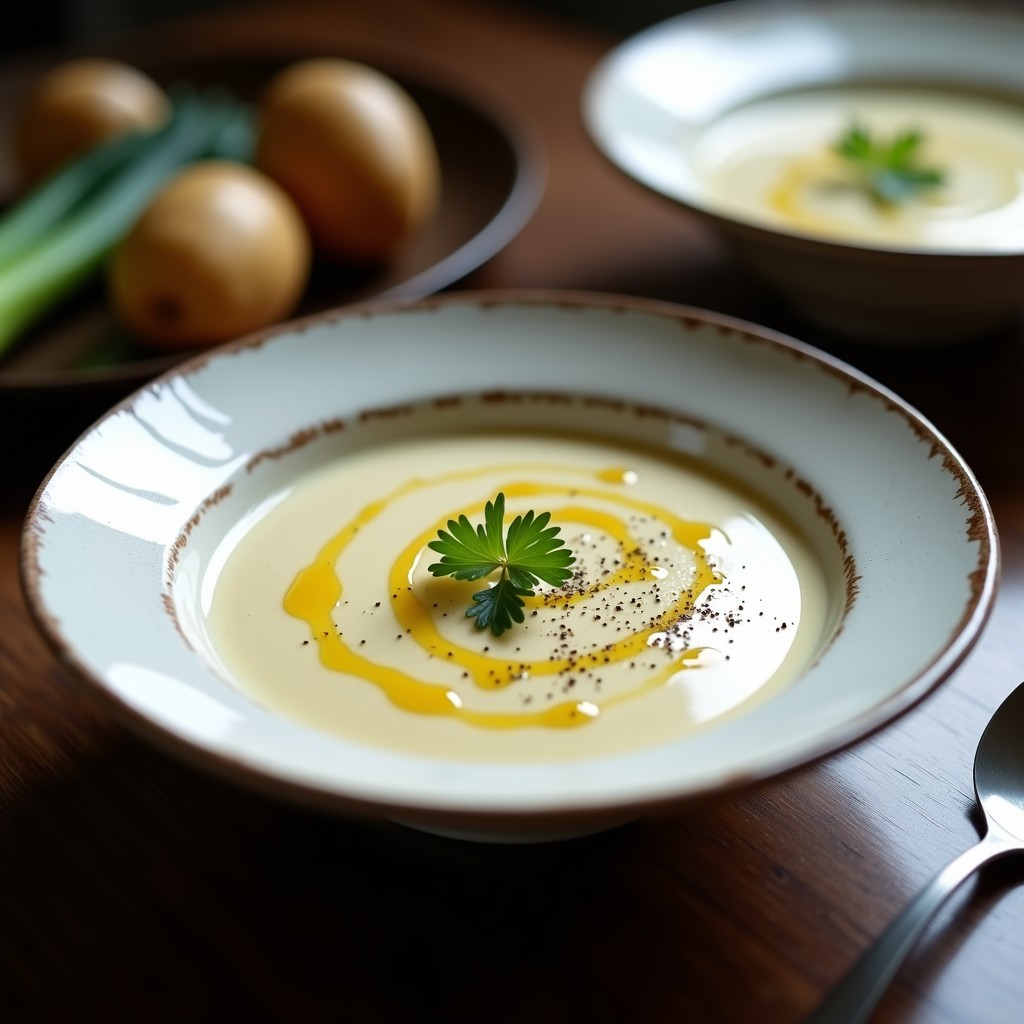 Cuenco blanco de cerámica con crema de puerro y patata trufada, decorada con un hilo de aceite de trufa negra y pimienta molida, receta en airfryer.