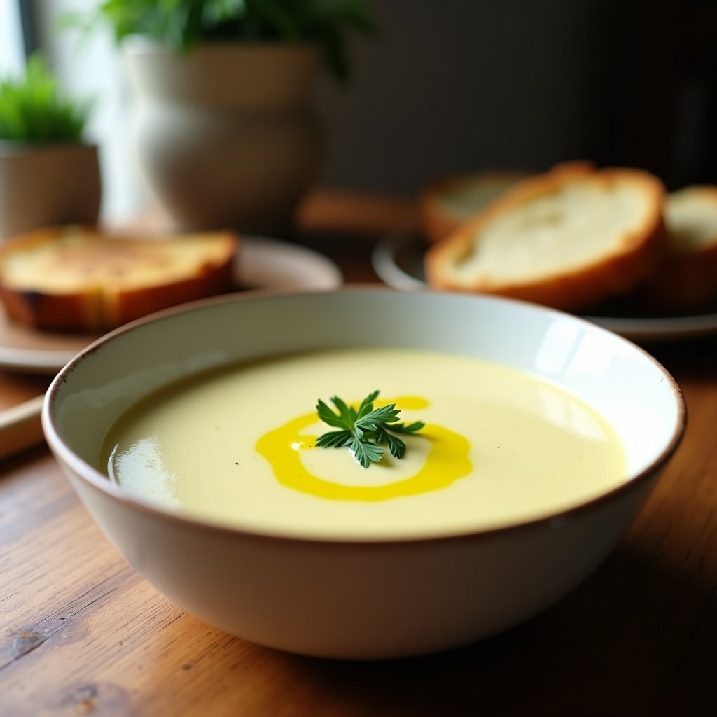 Cuenco de cerámica blanca con crema de puerro y patata vegana, espesa y brillante, decorada con perejil fresco y un hilo de aceite de oliva. Fondo rústico con pan tostado al lado.