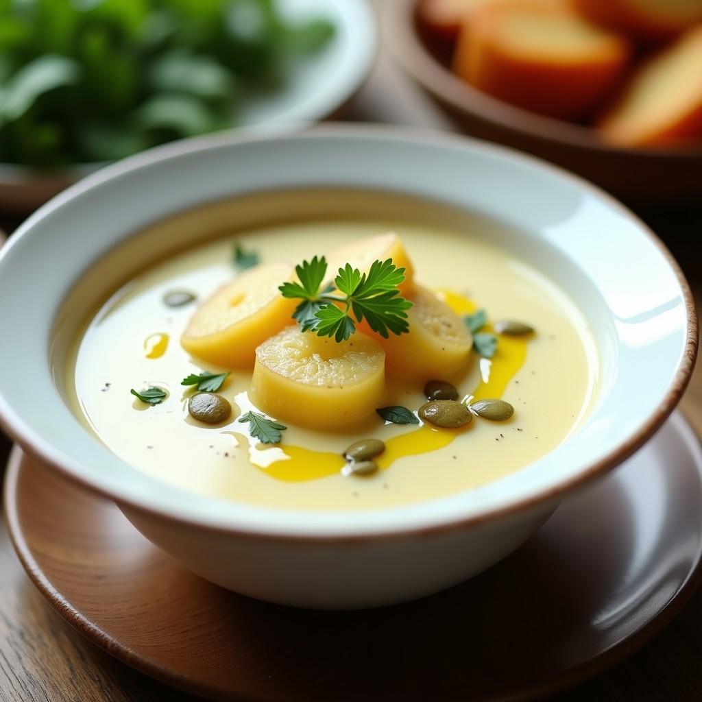 Cuenco blanco con crema de puerros y patata espesa, decorada con un hilo de aceite de oliva y perejil fresco, servida con semillas de calabaza tostadas. Receta en airfryer sin aceite.