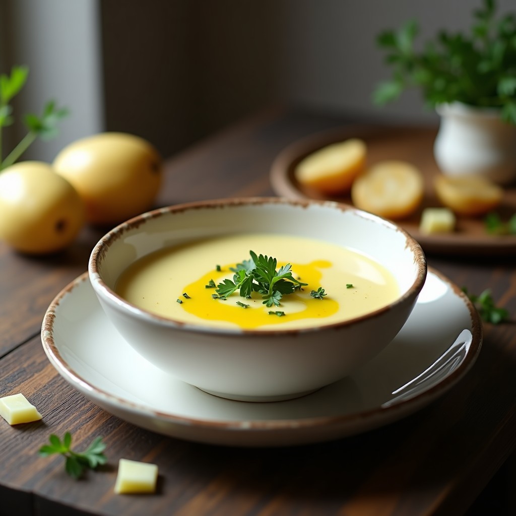 Cuenco blanco con crema de puerros y patata humeante, decorada con perejil fresco y un hilo de aceite de oliva virgen extra, sobre fondo rústico de madera.