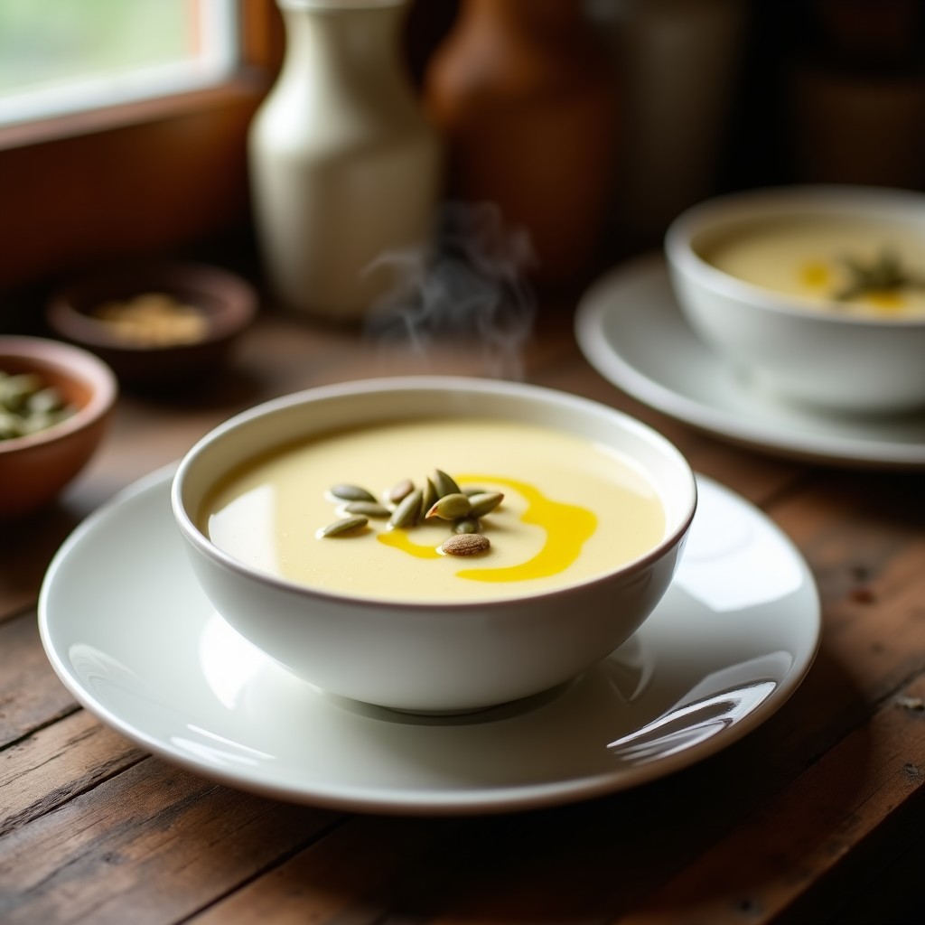 Cuenco blanco con crema de puerros y patata humeante, textura sedosa y color beige claro, decorada con semillas de calabaza tostadas y un hilo de aceite de oliva sobre fondo rústico de madera.