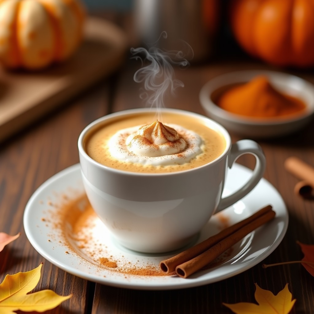 Taza de cerámica blanca con Pumpkin Spice Latte casero, coronada con nata montada y espolvoreada con canela y nuez moscada, sobre una mesa de madera con hojas de otoño.