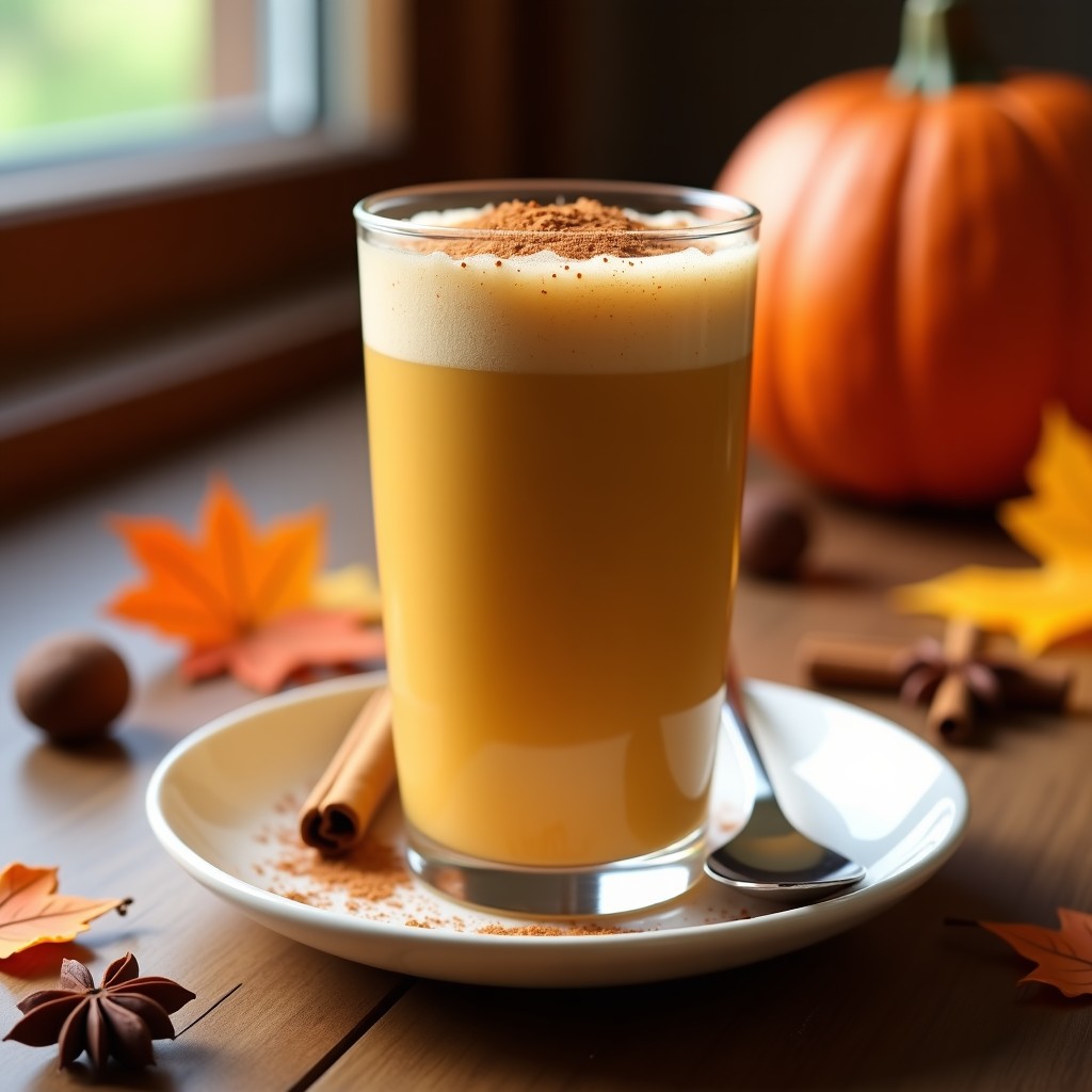 Taza de cristal transparente con crema de pumpkin spice latte proteico, espolvoreada con canela y pumpkin spice, sobre fondo rústico de madera con hojas de otoño y una cucharita de metal.