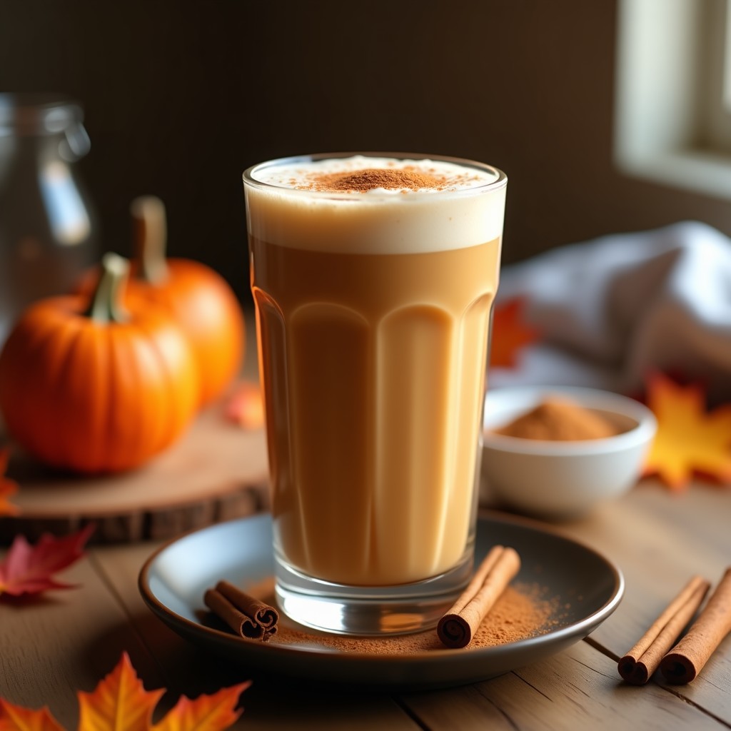 Vaso alto transparente con crema de calabaza pumpkin spice latte proteica, espuma sedosa y decoración de canela en polvo, sobre fondo rústico de madera con hojas de otoño.