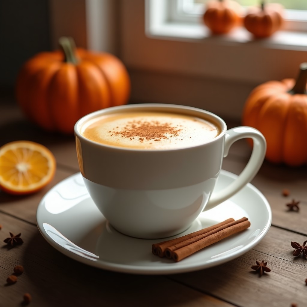 Taza de cerámica blanca llena de Pumpkin Spice Latte vegano, con espuma cremosa y un espolvoreado de canela en polvo. Fondo de hojas de otoño y una cuchara de madera.