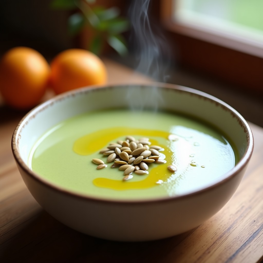Cuenco blanco con crema de verduras espesa, color verde claro, decorada con semillas de calabaza y un hilo de aceite de oliva, servida sobre una mesa rústica de madera con fondo desenfocado.