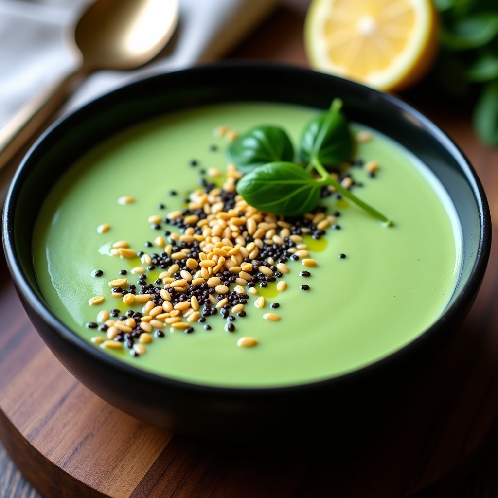 Crema de wasabi y espinacas con crujiente de semillas de cáñamo: Receta Vegana Detox en Olla Exprés